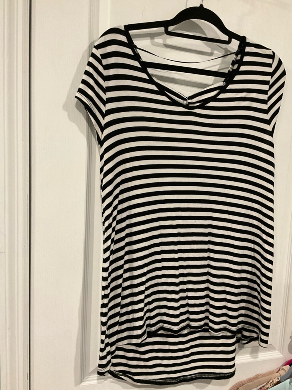 Black and White Striped Women's V-Neck Tee